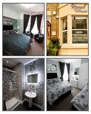 a collage of four pictures of a bedroom at Rossall Guest House Blackpool - Ideal For Families & Couples in Blackpool