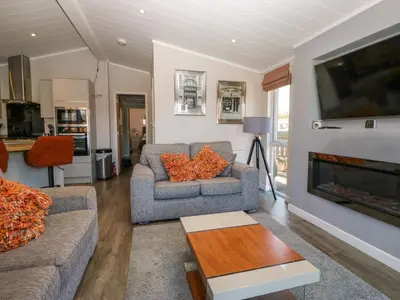 a living room with two couches and a fireplace at Coniston View Lodge in Carnforth