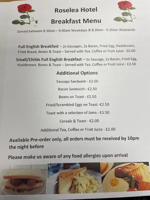 a menu of the roast chicken breakfast menu at Roselea Hotel - St Chads in Blackpool