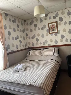 a white dog laying on a bed in a bedroom at Roselea Hotel - St Chads in Blackpool