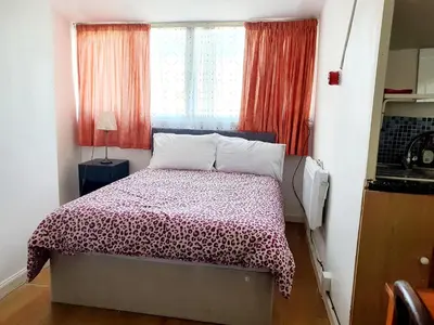 a bedroom with a bed with a leopard print blanket at Second or Top Floor Studio Flat in Blackpool