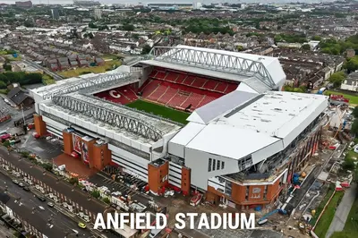an aerial view of anfield stadium with a soccer field at Central Apt With Balcony - Walk to Bars & Stations in Liverpool