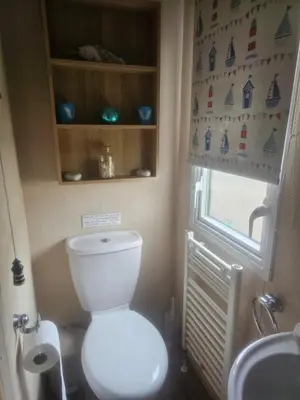 a small bathroom with a toilet and a window at Private Caravan to Hire - Marton Mere Haven Holiday Village in Blackpool
