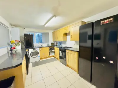a kitchen with a black refrigerator and a dishwasher at Cozy Home in Bootle in Liverpool