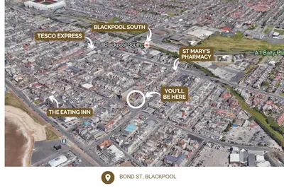 a map of a city with streets and buildings at Bond Street Apartment Near the Promenade with Two Bathrooms and Workspace in Blackpool