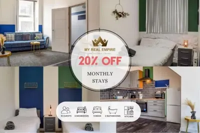 a collage of photos of a bedroom and a living room at Bond Street Apartment Near the Promenade with Two Bathrooms and Workspace in Blackpool