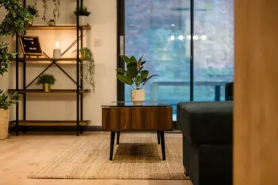 a living room with a couch and a table with a plant on it at Baltic Apt II - City Centre with Parking, Sleeps 6 in Liverpool