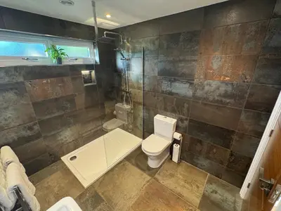 a bathroom with a toilet and a shower at Wayside Lodge in Blackpool