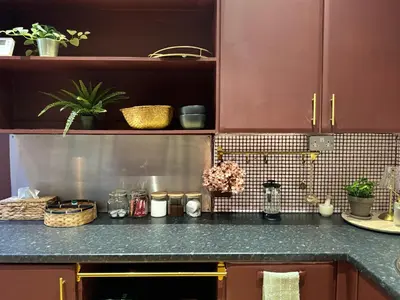 a kitchen with a counter top with a counter sidx sidx sidx at Aesthetic Architect designed Loft in City Centre in Liverpool