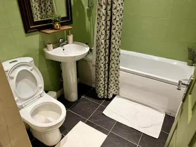a green bathroom with a toilet and a sink at Aesthetic Architect designed Loft in City Centre in Liverpool