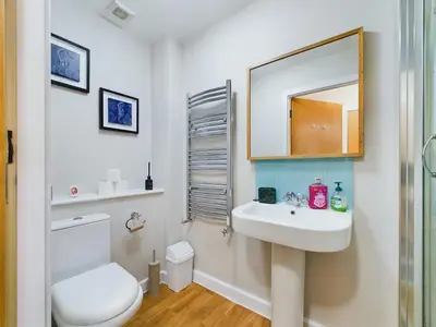 a bathroom with a toilet and a sink and a mirror at Group-Friendly City-Centre Flat Wifi, sleeps 4 in Liverpool