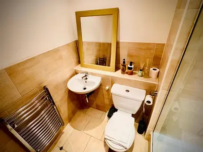 a bathroom with a toilet and a sink and a mirror at Claire Stay Apartment in Liverpool