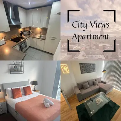 a collage of photos of a city views apartment at City View One Bedroom Apartment by StaySavvy Accommodation in Liverpool