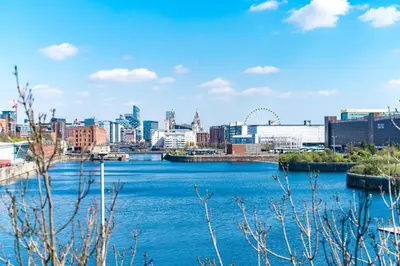 a view of the city from the river at Waterfront Penthouse with Balcony & Parking in Liverpool