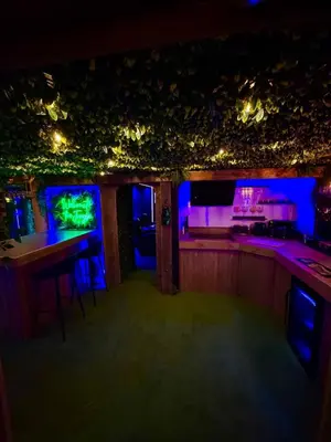 a bar with blue and green lights in a room at Woodland Escapes Glamping - Utopia