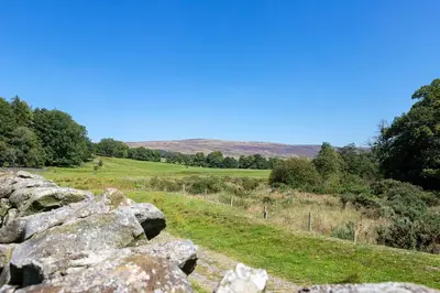 a view of a field with rocks and trees at Hen Harrier Lodge in Lancaster
