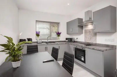 a kitchen with white cabinets and a table with a potted plant at Polaris Apartments in Blackpool