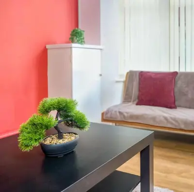 a living room with a black table with a plant at The Red Retreat, 7 Beds, Garden, Free Parking, Contractors, Fast Wifi, Smart TV in Liverpool