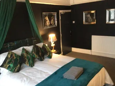 a bedroom with a bed with a green canopy at White Swallow Hotel in Blackpool