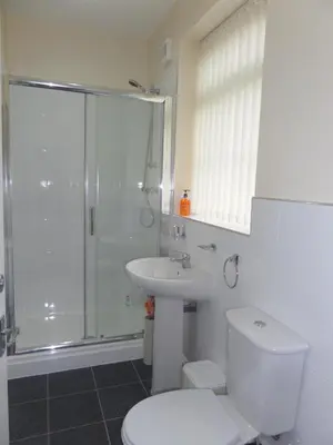a bathroom with a shower and a toilet and a sink at The Cabbage Hall Hotel in Liverpool
