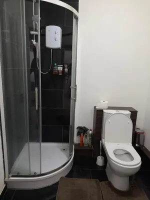 a bathroom with a toilet and a shower with a glass door at Central Wigan Stay in Wigan