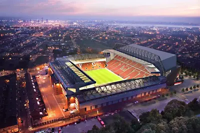 an overhead view of a soccer stadium at night at Breck House, 10 Mins to City Centre 5 Min Walk to Anfield Stadium in Liverpool