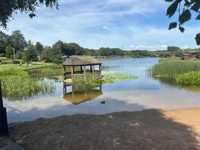 a gazebo in the middle of a river at 10 Borwick Lakes, Carnforth - En suite - King size bed in Carnforth