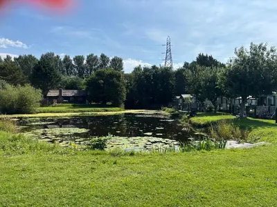 a pond in a field with grass and trees at 10 Borwick Lakes, Carnforth - En suite - King size bed in Carnforth