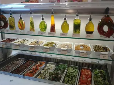 a display case filled with lots of different types of food at Waddell Hall, University of Cumbria in Lancaster