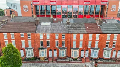 an overhead view of a large brick building at Stunning 1 Bedroom 4 Guest Flat by Anfield Stadium in Liverpool