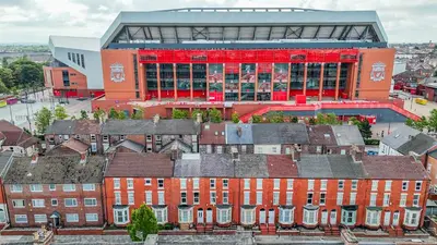 an aerial view of a building with a soccer stadium at Stunning 2 Bedroom 6 Guest Flat by Anfield Stadium in Liverpool