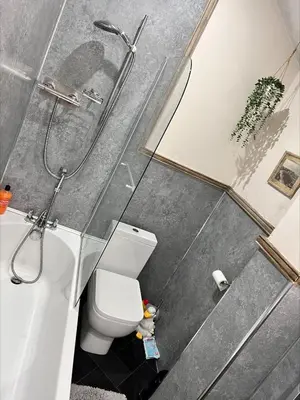 a bathroom with a shower and a toilet and a sink at Nettle Cottage in Heysham