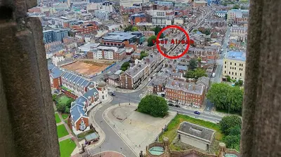 a view of a city with a sign that says the way at Cathedral Views Heart of City Communal Laundry in Liverpool