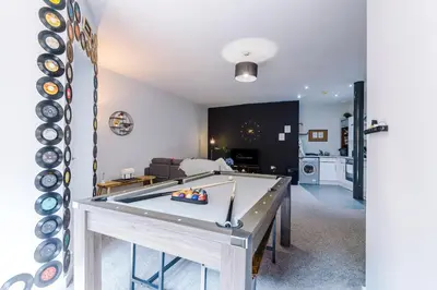 a living room with a pool table in it at Pool Table, Stunning 2Bed Apt, Central Location in Liverpool