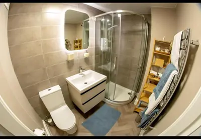 a bathroom with a toilet and a shower and a sink at Beautiful apartment at field view cottage in Eccleston