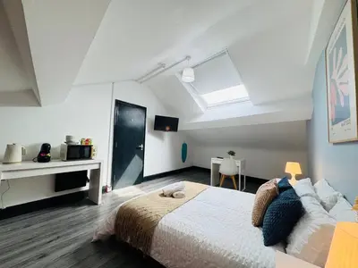a bedroom with a large bed and a skylight at Pembroke Place Private Room 7 in Liverpool