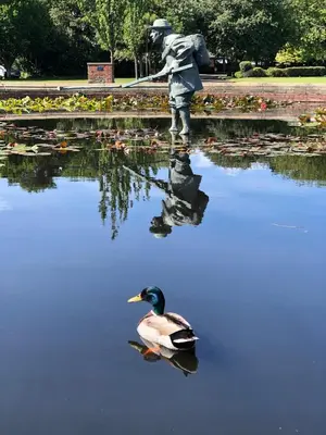 a duck in the water next to a statue in a pond at Beautiful 2 bedroom house in the heart of Lytham in Lytham St Annes