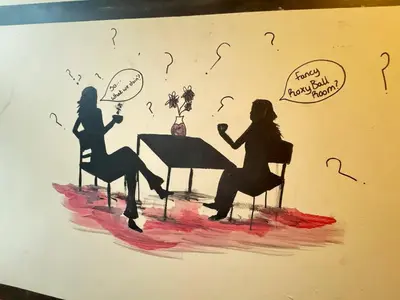 a drawing of two women sitting at a table at Bold Street Studio IV in Liverpool