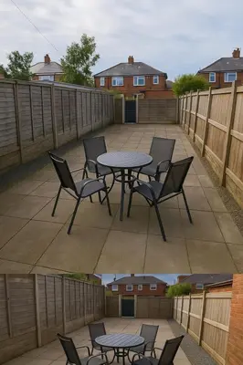 a patio with a table and chairs and a fence at Cosy Two-Bedroom House in Ormskirk in Pemberton