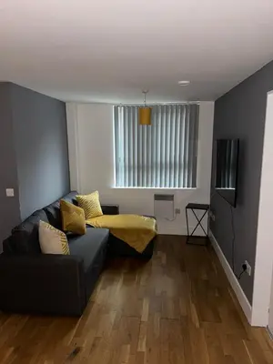 a living room with a couch and a television at Modern City Centre Apartment in Liverpool