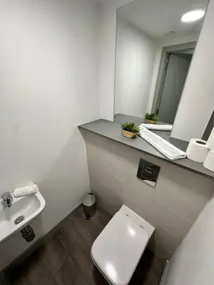a bathroom with a toilet and a sink and a mirror at Modern Duplex Apartment - Liverpool City Centre in Liverpool
