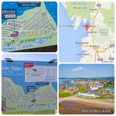 a collage of four pictures of a map of a beach at B10 - The Escape Pod in Heysham