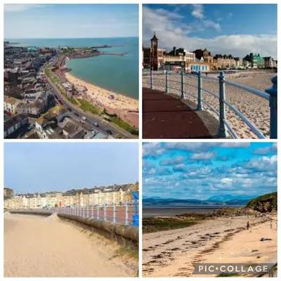 a group of four pictures of a beach and buildings at B10 - The Escape Pod in Heysham