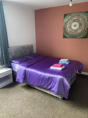 a bedroom with a purple bed and a painting on the wall at Babo accommodation in Bolton
