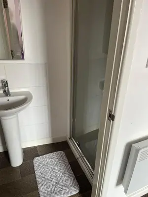 a bathroom with a shower and a sink at Babo accommodation in Bolton