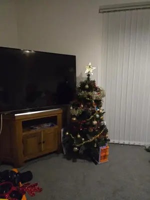 a christmas tree in a living room with a television at Belek villa Demiralp in Liverpool
