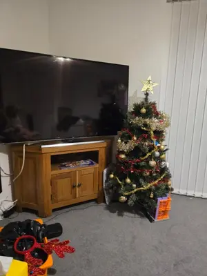 a christmas tree in a living room with a tv at Belek villa Demiralp in Liverpool