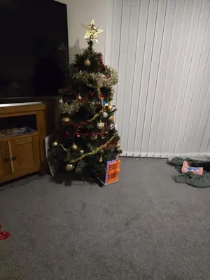 a christmas tree with a star on it in a room at Belek villa Demiralp in Liverpool