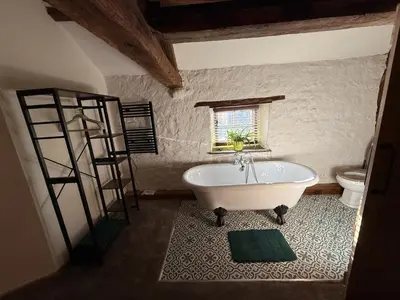 a bathroom with a white tub and a toilet at The Snug- A beautiful and characterful property connected to a historic Georgian Manor House in Overton
