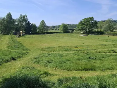 a large field of grass with trees in the background at The Old Farmhouse at Brackenthwaite Farm in Carnforth
